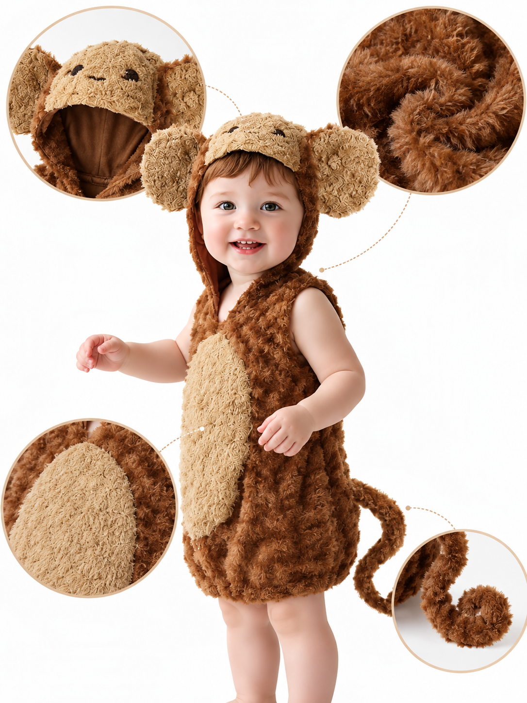 Baby Monkey Costume: Brown Sleeveless Hooded Jumpsuit with 3D Ears, Face