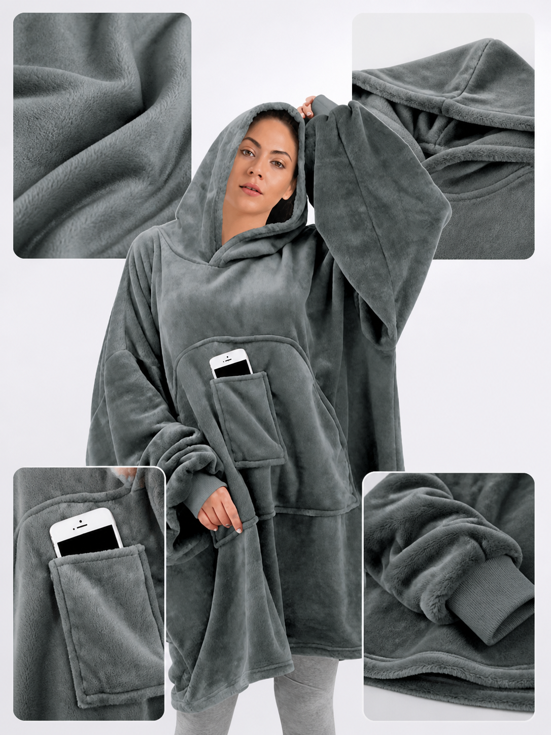 Gray Long Hooded Coat with Wide Sleeves and Large Front Pockets, Loose main product view