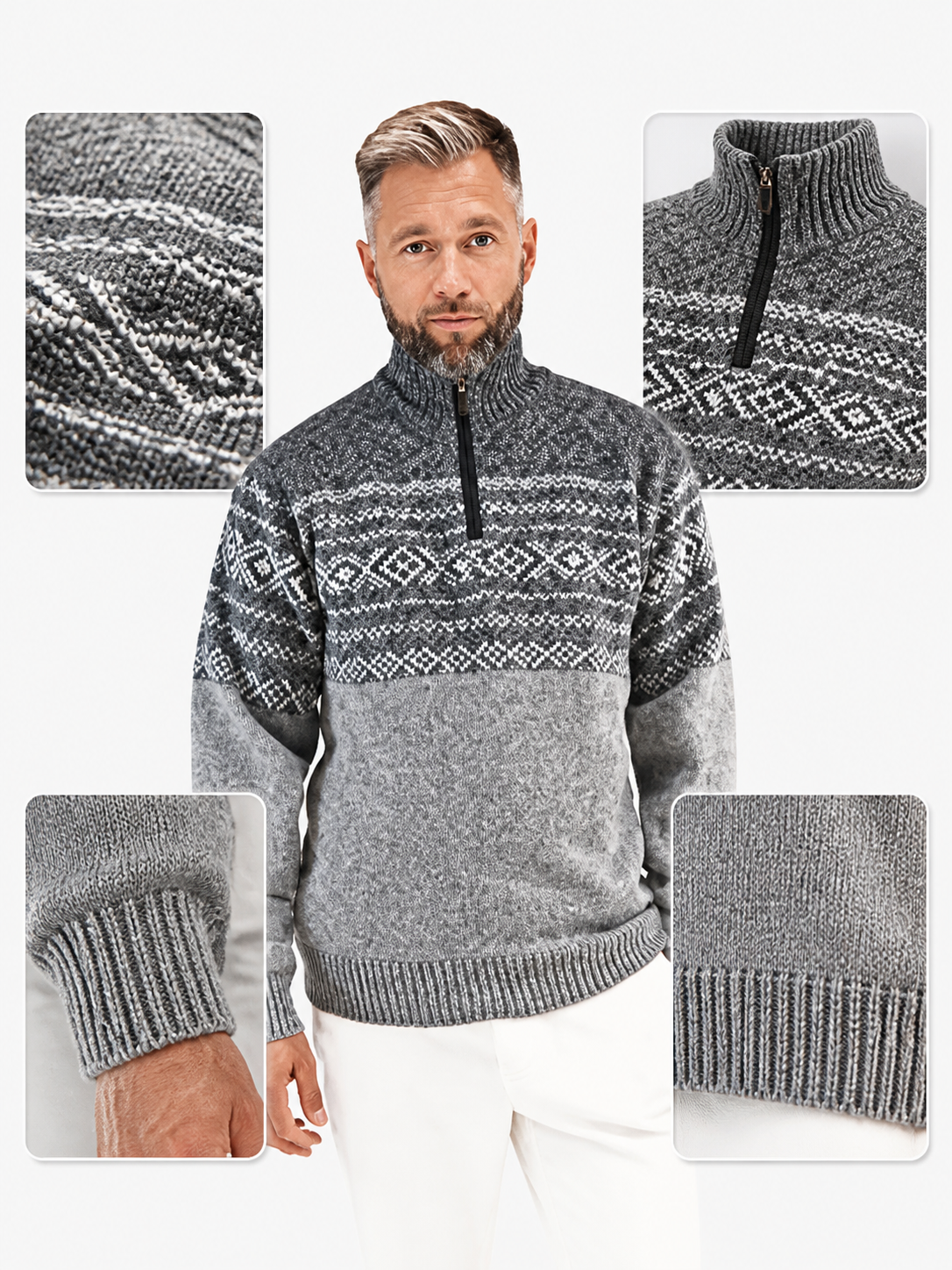 Geometric Jacquard High Collar Knit Sweater with Short Zipper, Gray-Black Color main product view
