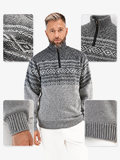 Geometric Jacquard High Collar Knit Sweater with Short Zipper, Gray-Black Color main product view