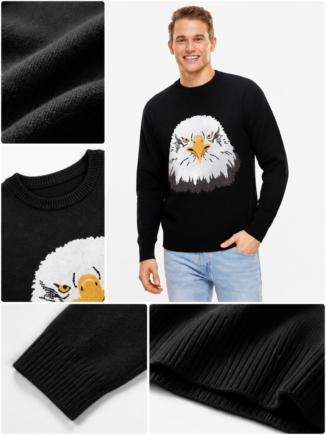 Black Long Sleeve Crew Neck Knit Sweater Featuring a White Eagle Head with