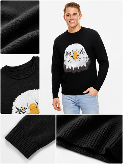 Black Long Sleeve Crew Neck Knit Sweater Featuring a White Eagle Head with