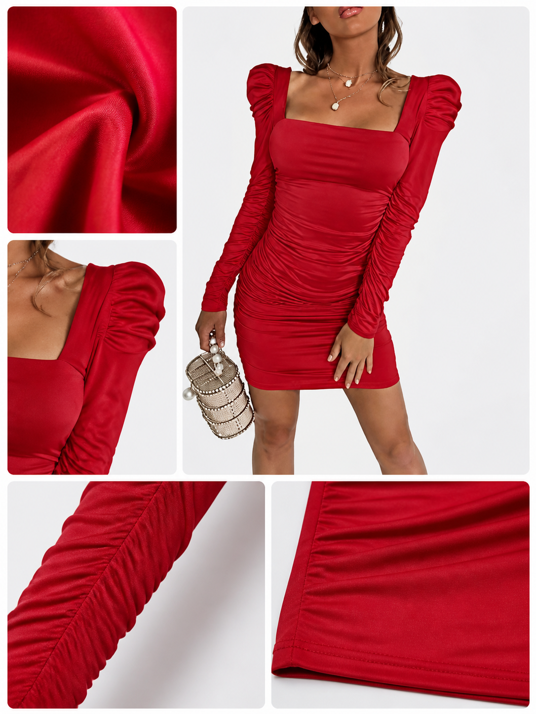 Red Long-Sleeve Short Dress with Square Neckline, Pleated Shoulders, Gathered