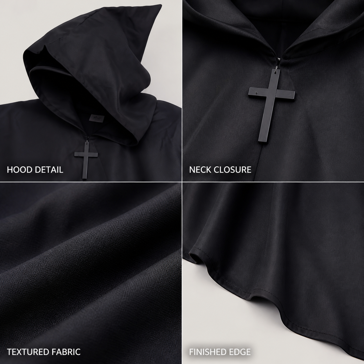 Medieval Gothic Short Hooded Cloak for Adults, Black Cape with Pointed Hood and