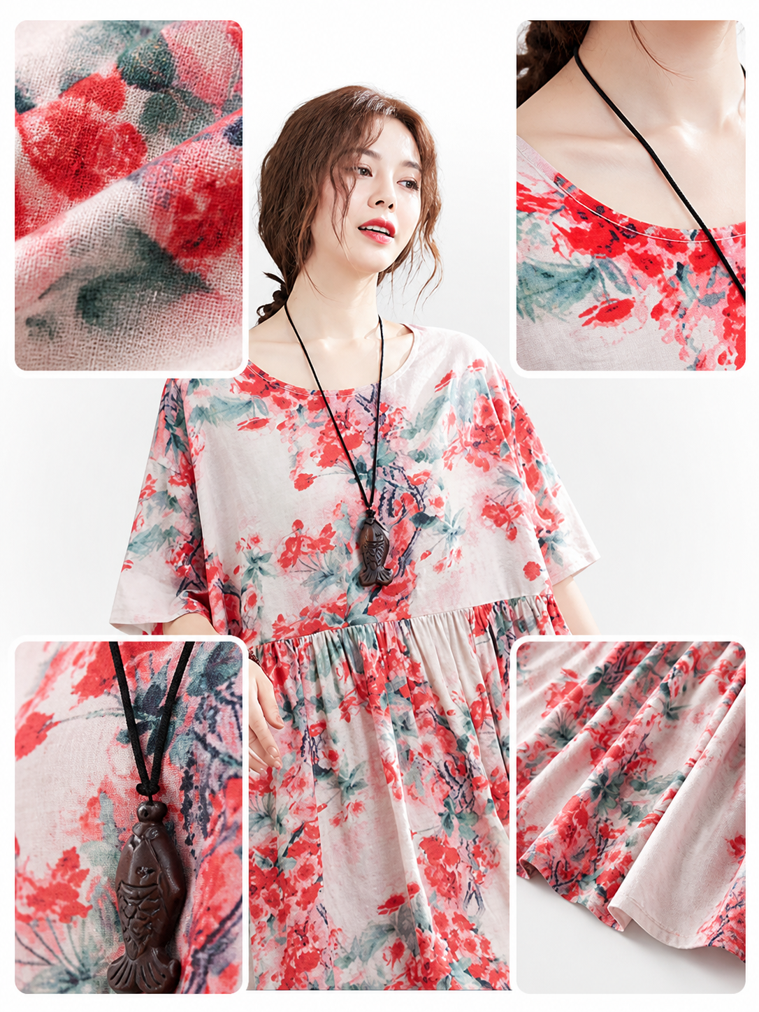 Floral Print Short Sleeve Long Dress with Waist Gathering and Flared Skirt main product view