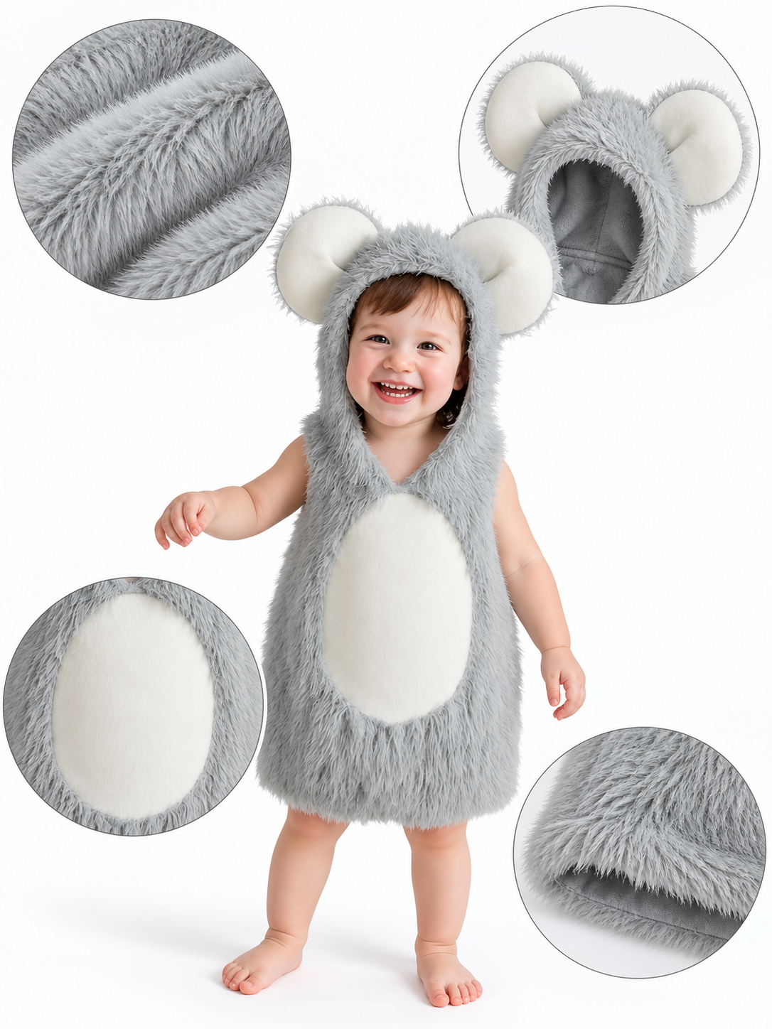 Kids' Mouse Costume in Faux Fur with Hood, Big Round Ears, and White Insert