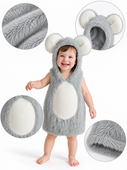 Kids' Mouse Costume in Faux Fur with Hood, Big Round Ears, and White Insert