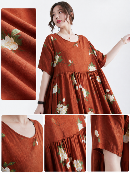 Rust Red Floral Print Short Sleeve Long Dress with Pleated High Waist and A-Line main product view