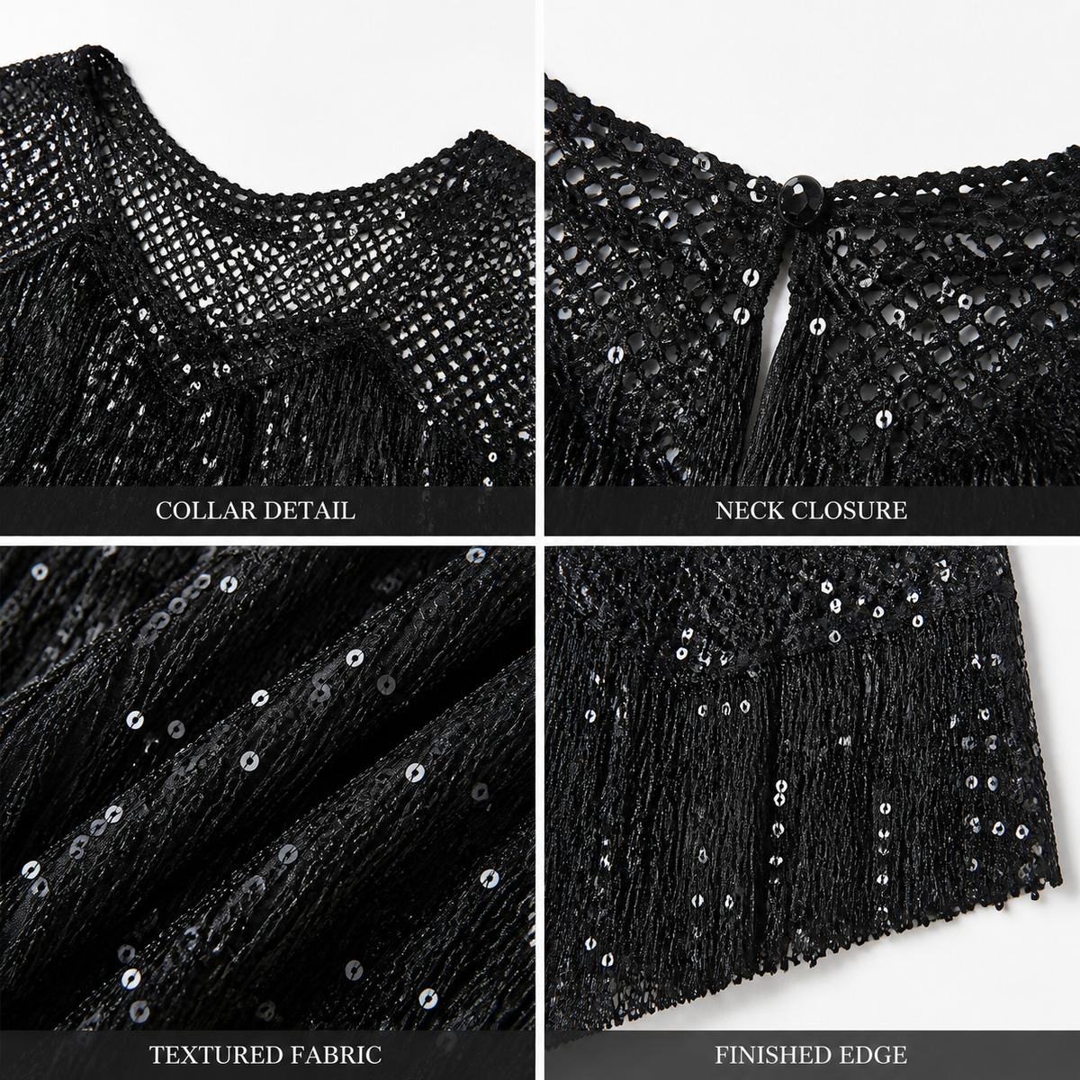 Black Fringe Lace Shawl Cape Set with Layered Necklace & Mesh Gloves for Women