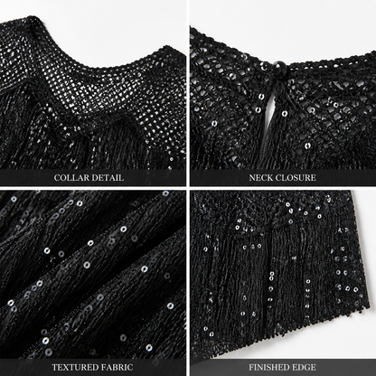 Black Fringe Lace Shawl Cape Set with Layered Necklace & Mesh Gloves for Women