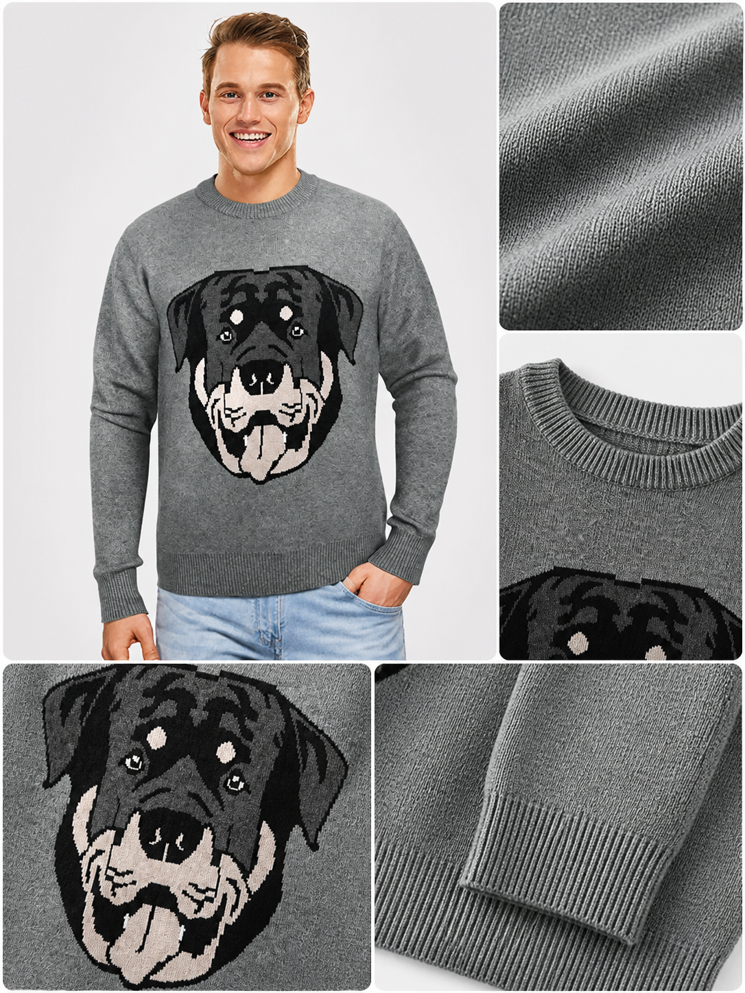 Gray Knit Sweater with Playful Dog Face Print, Long Sleeve, Crew Neck, Ribbed