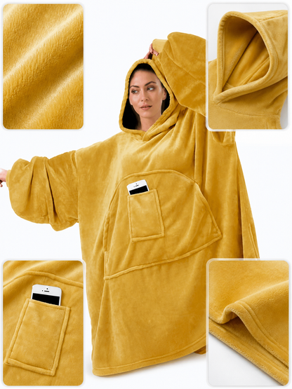 Golden Yellow Oversized Hooded Long Coat with Large Front Pockets, Loose Fit