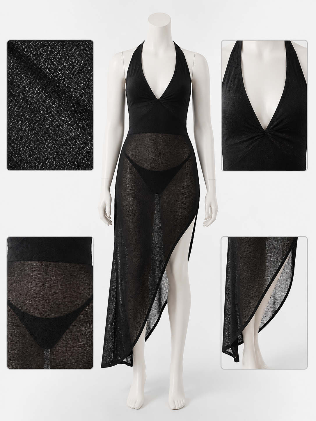 Stylish Black V-Neck Slip Dress with Asymmetric Hem, Sheer Overlay, High Slit