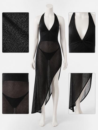 Stylish Black V-Neck Slip Dress with Asymmetric Hem, Sheer Overlay, High Slit