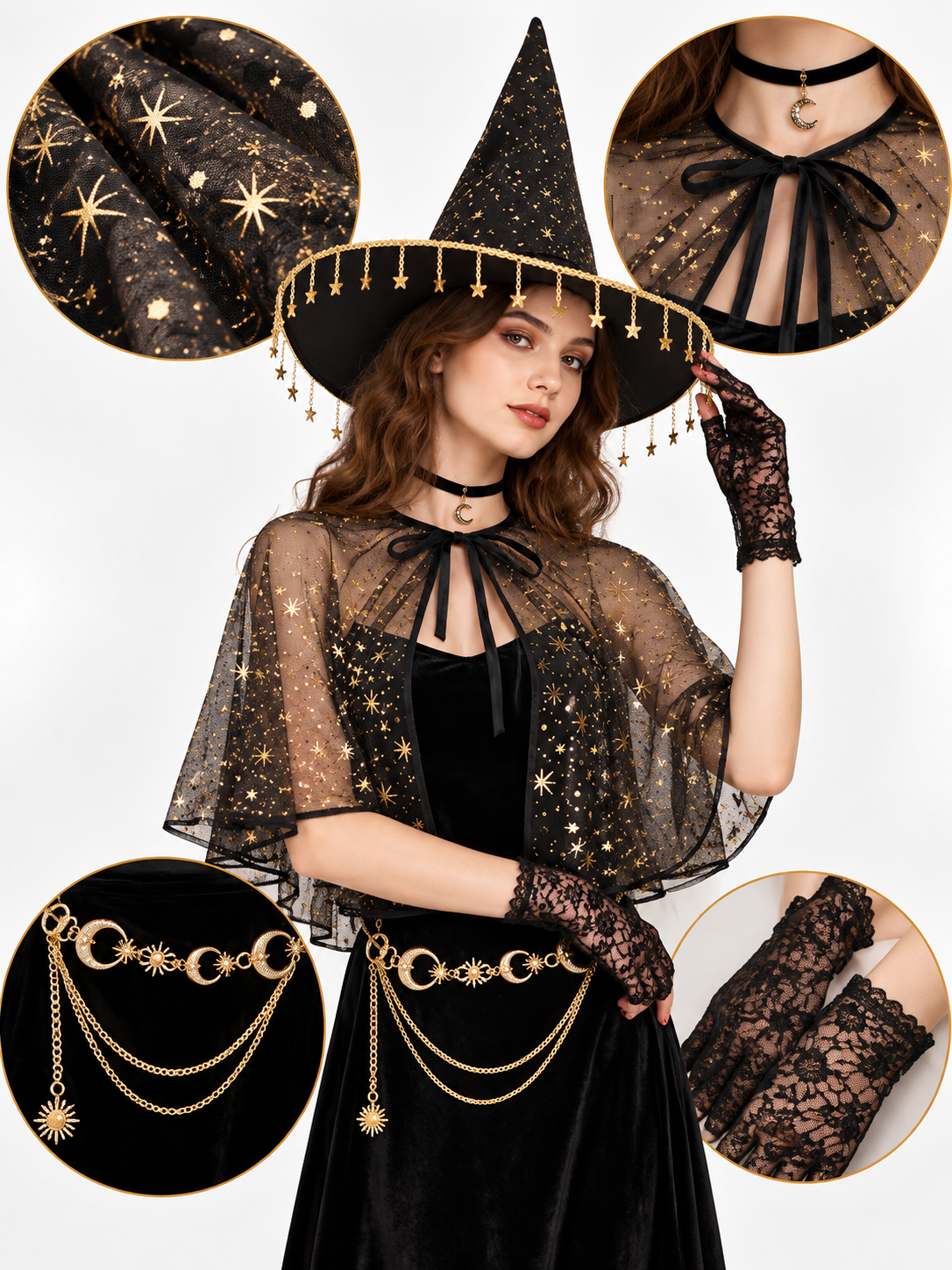 5-Piece Witch Costume Accessory Set: Hat, Choker, Gloves, Cape, and Waist Chain