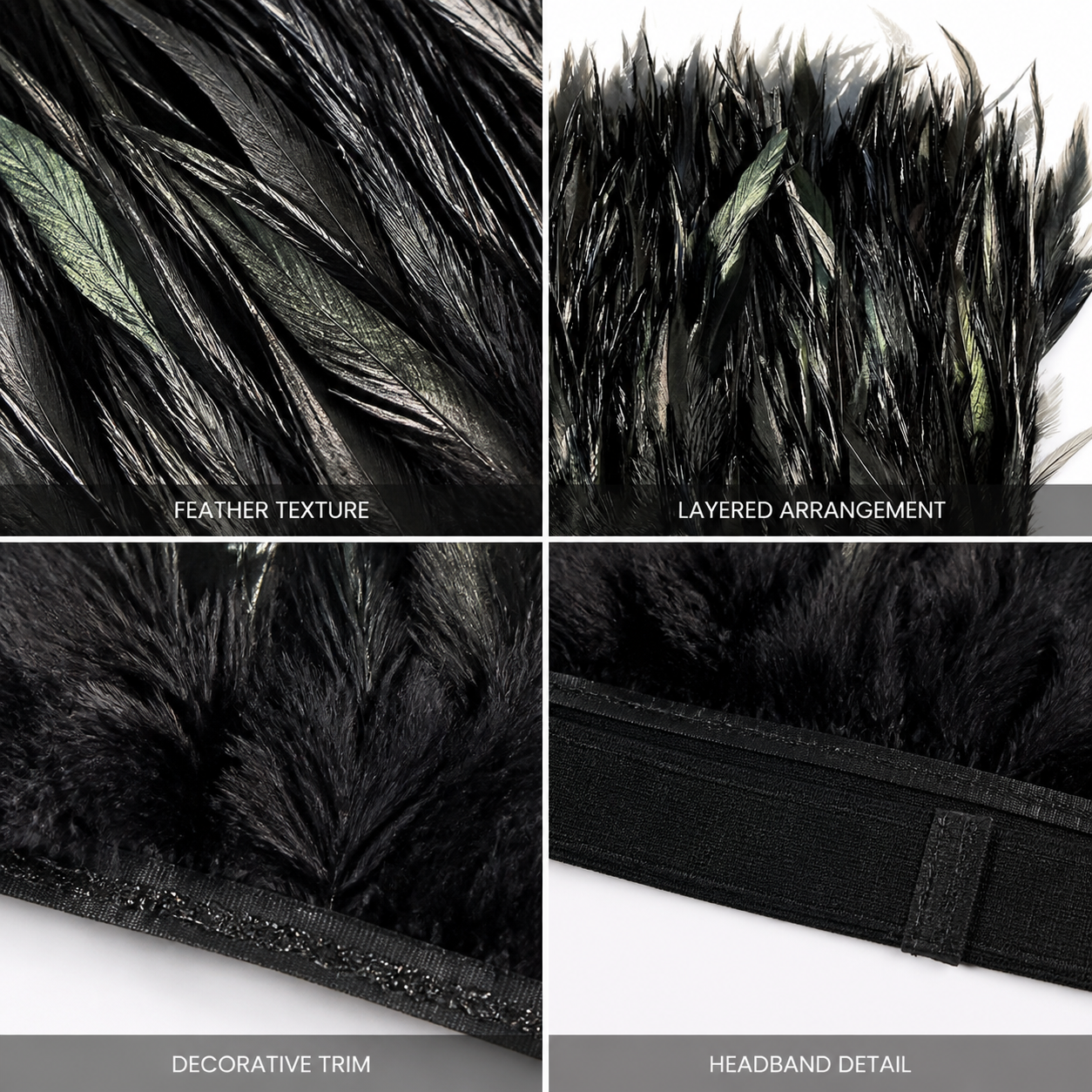 1pc Black Feather Headpiece, Dense Long Feathers, Spiky Design, Curved Base