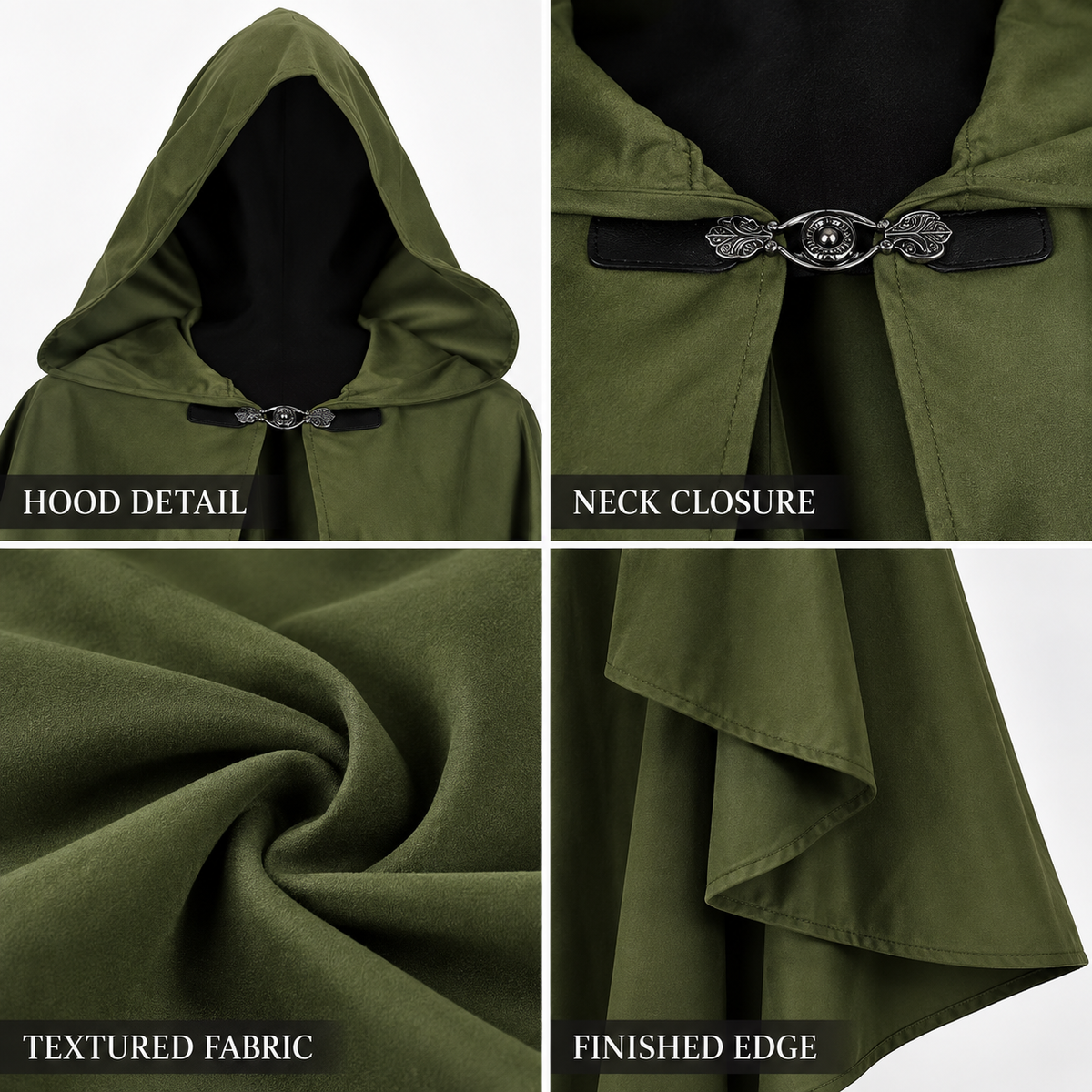 Olive green cloak costume with hood, open front, long panels, belt with buckle