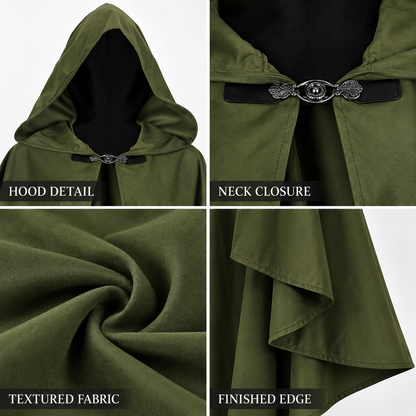 Olive green cloak costume with hood, open front, long panels, belt with buckle