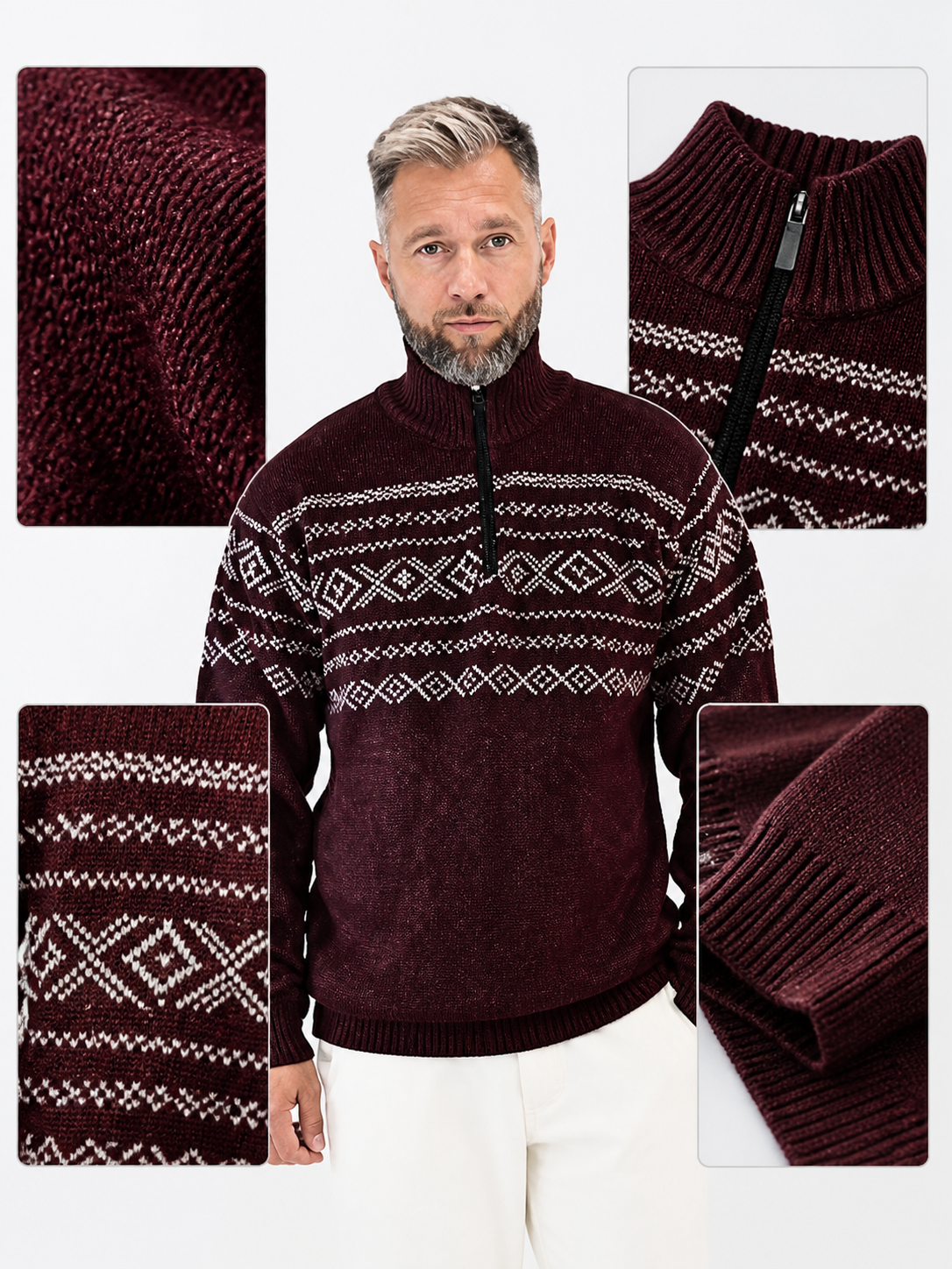 Wine Red Knit Sweater with Black Half-High Collar, Front Zipper, Long Sleeves