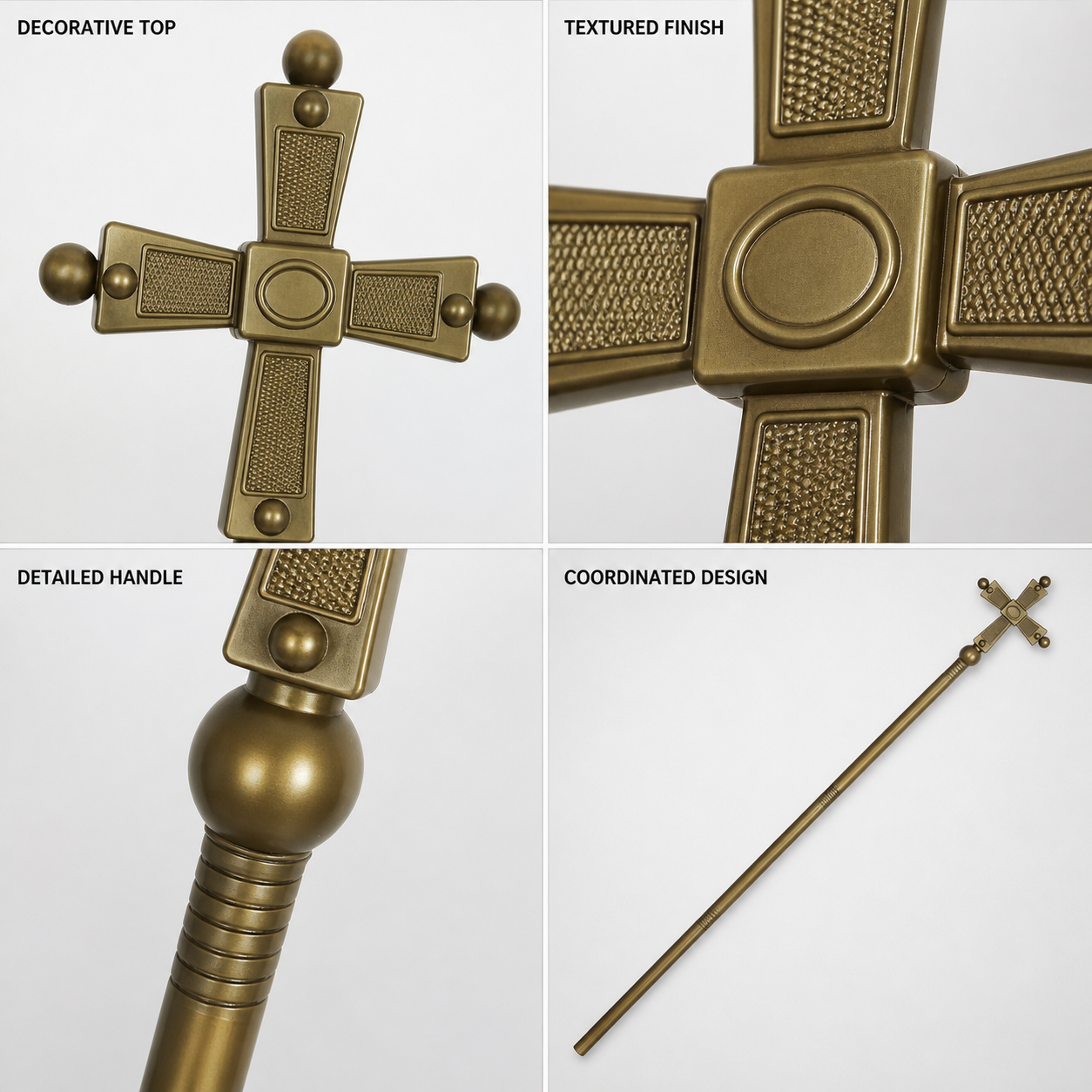 1pc Antique Gold Cross Scepter, Vintage Costume Prop With Ball Finials And main product view 3