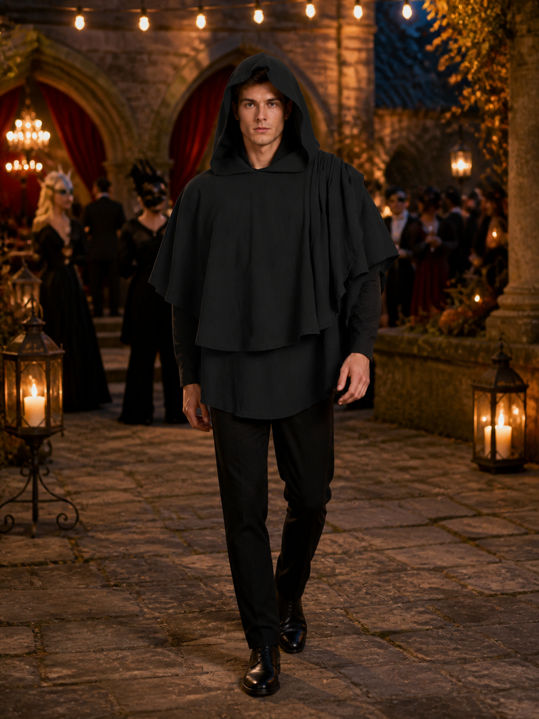 Women's Gothic Hooded Cape Cloak for Halloween Cosplay, Black Flowing Draped main product view 8