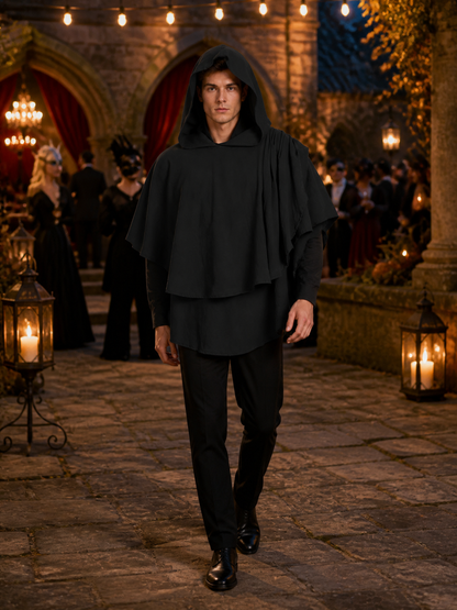 Women's Gothic Hooded Cape Cloak for Halloween Cosplay, Black Flowing Draped main product view 8