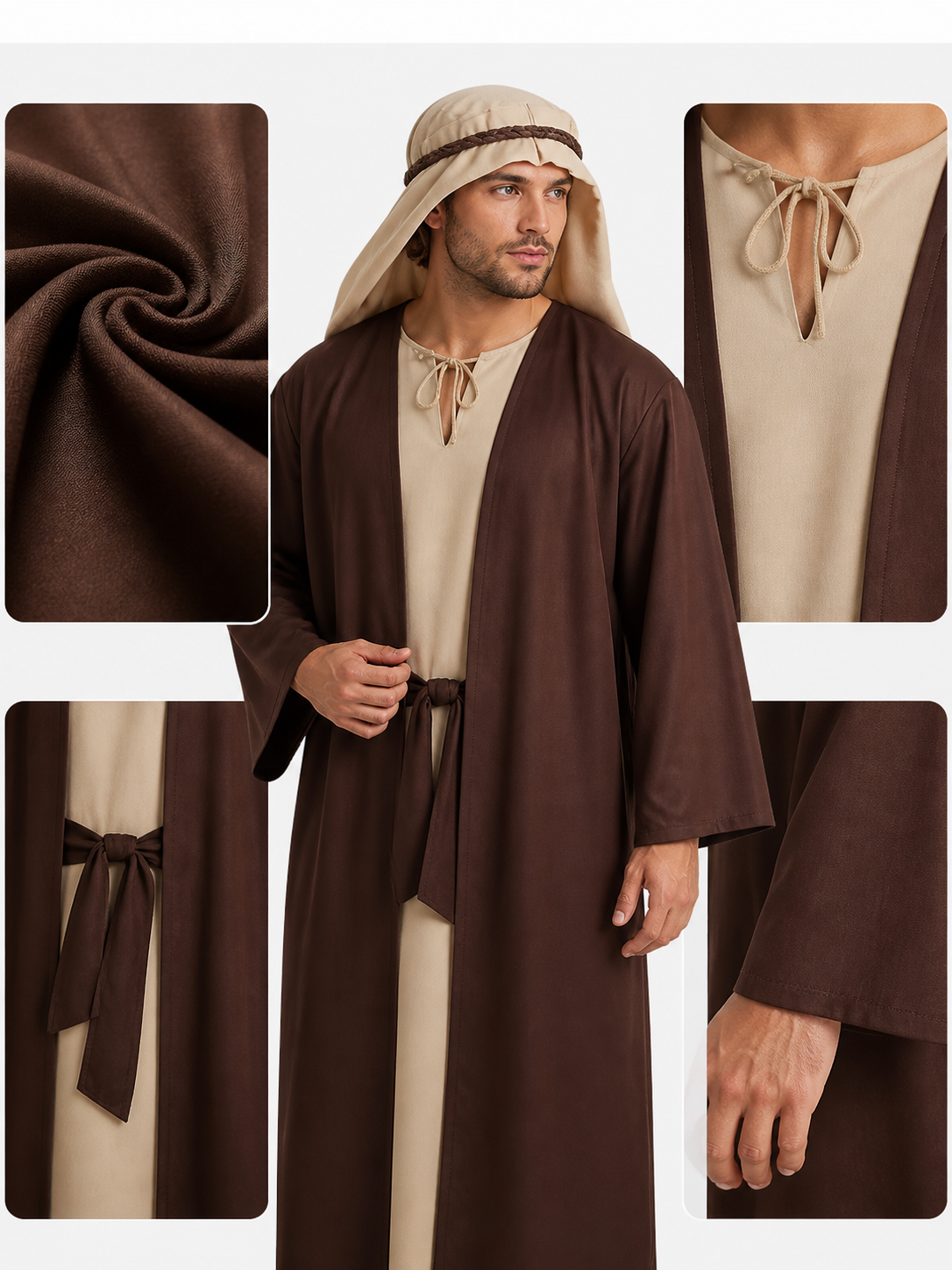 Men's Two-Piece Religious Ceremonial Robe Set - Brown Outer Robe with Beige main product view