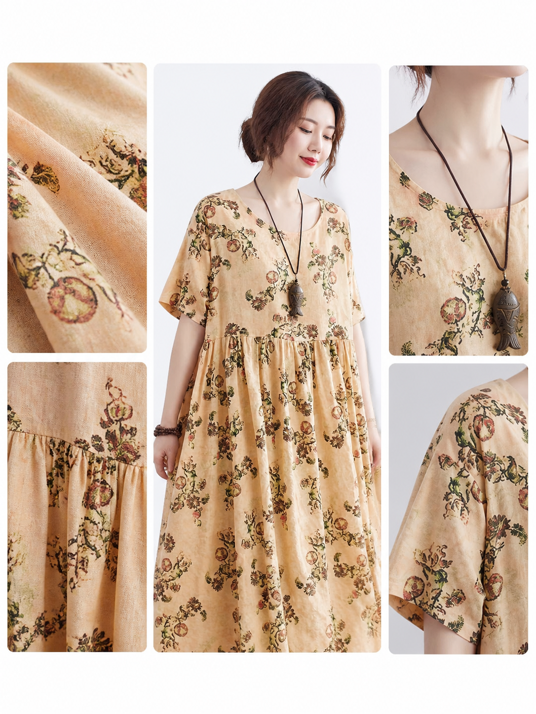 Full Body Floral Print Short Sleeve Loose Fit Long Dress with Waist Pleating and main product view