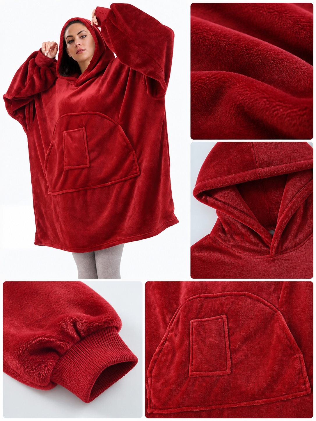 Red Long-Sleeved Hooded Top with Large Kangaroo Pocket, Loose Oversized Fit
