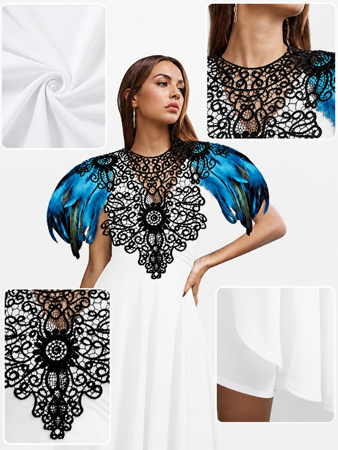 Lake Blue Accented White Dress with Feather Sleeve Print and Black Chest main product view