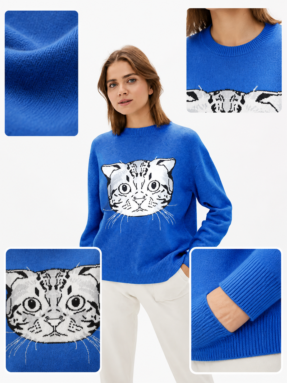 Blue Knit Sweater with Funny Cartoon Cat Face Pattern, Round Neck, Long Sleeves