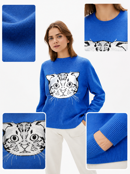 Blue Knit Sweater with Funny Cartoon Cat Face Pattern, Round Neck, Long Sleeves