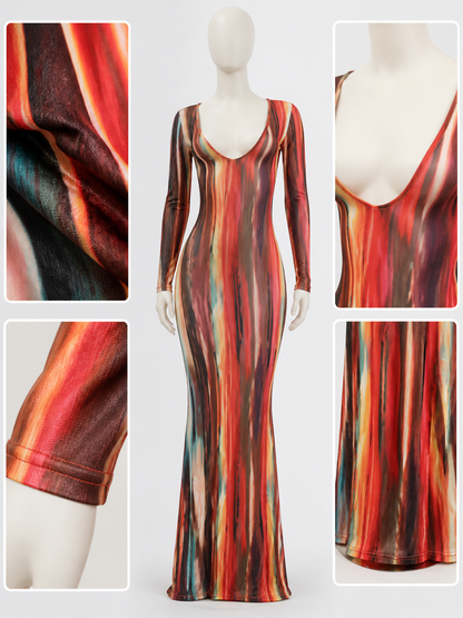 Long-Sleeve Red Fishtail Dress with V-Neck, Fitted Bodice, and Color-Blocked main product view
