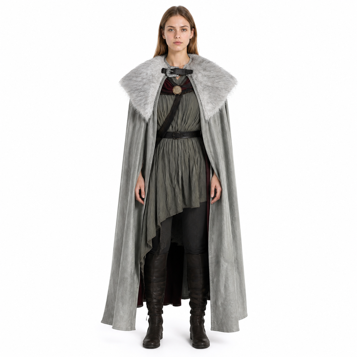 Adult Viking Cape Costume, Fluffy Gray-White Shoulder Edge, Gold Emblem & Button Costume Capes detail
