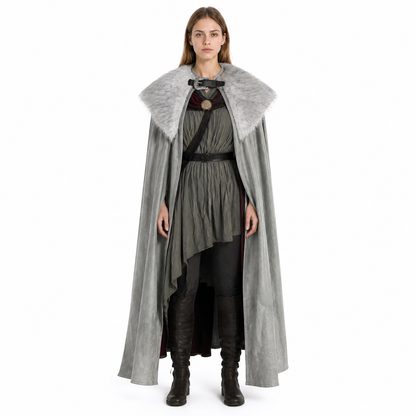 Adult Viking Cape Costume, Fluffy Gray-White Shoulder Edge, Gold Emblem & Button Costume Capes detail