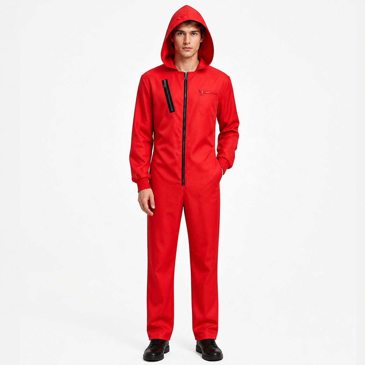 Salvador Dali Themed Red and Black Full Body Onesie Costume with Hood, Front Costumes detail