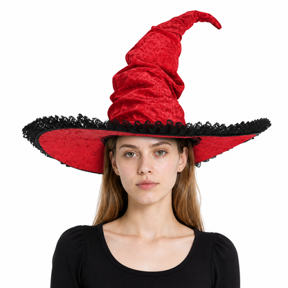 Red and Black Wide Brim Witch Hat, Tall Curved Pointed Top with Black Lace Trim Costume Headwear detail