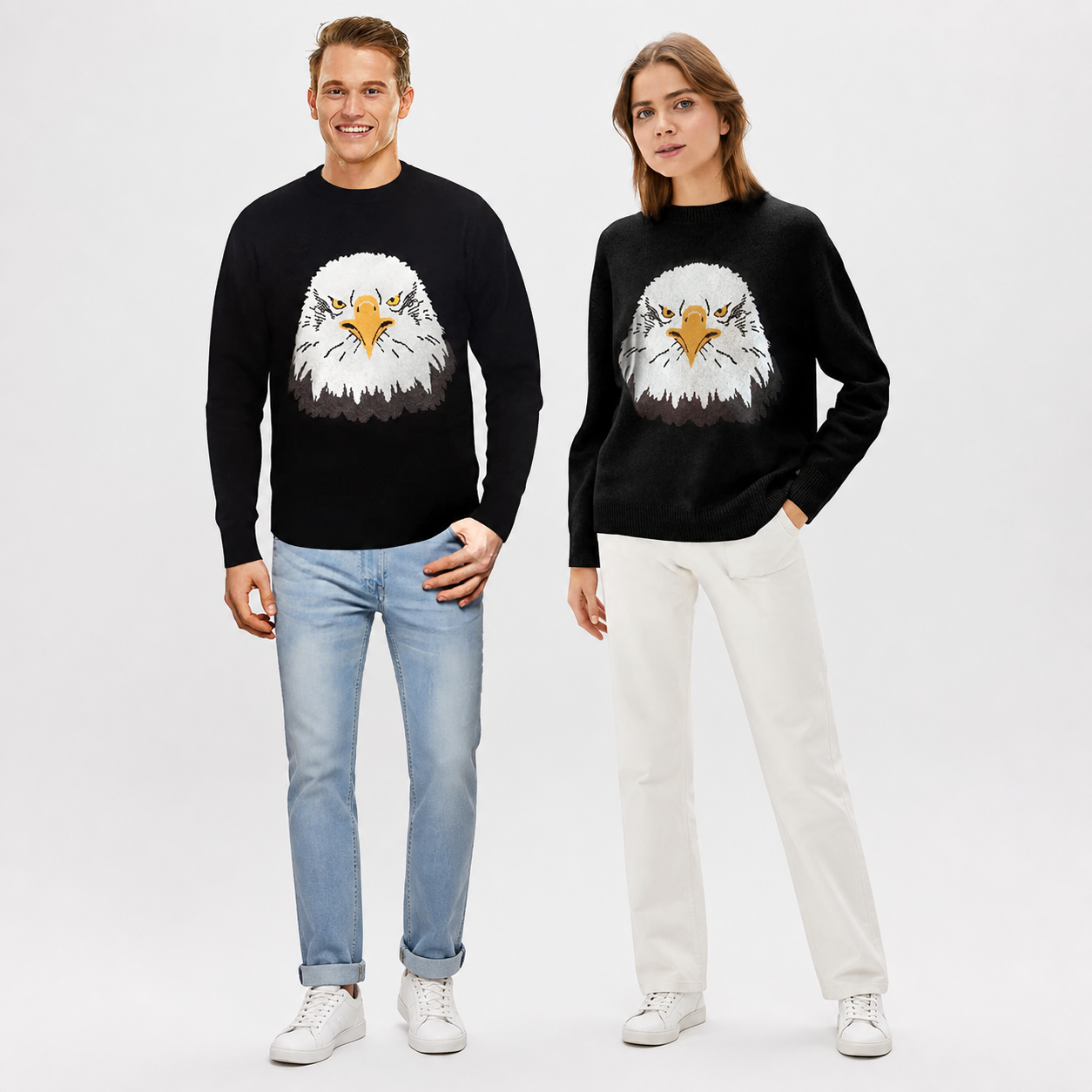 Black Long Sleeve Crew Neck Knit Sweater Featuring a White Eagle Head with product detail