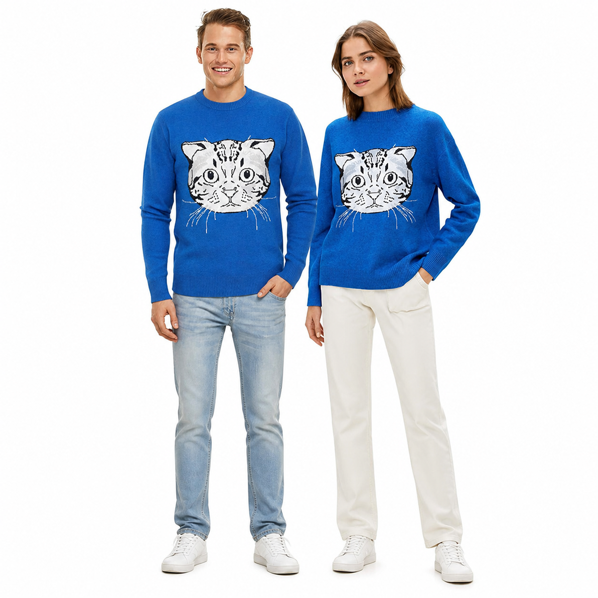 Blue Knit Sweater with Funny Cartoon Cat Face Pattern, Round Neck, Long Sleeves product detail