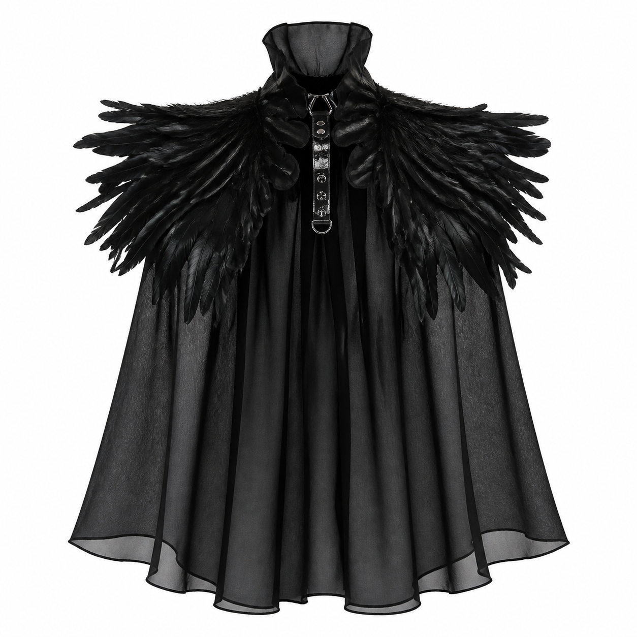 Black Gothic Feather Ruffle Cape & Wrist Set, Semi-Sheer Mesh Trim, Layered Costume Capes detail