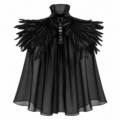 Black Gothic Feather Ruffle Cape & Wrist Set, Semi-Sheer Mesh Trim, Layered Costume Capes detail