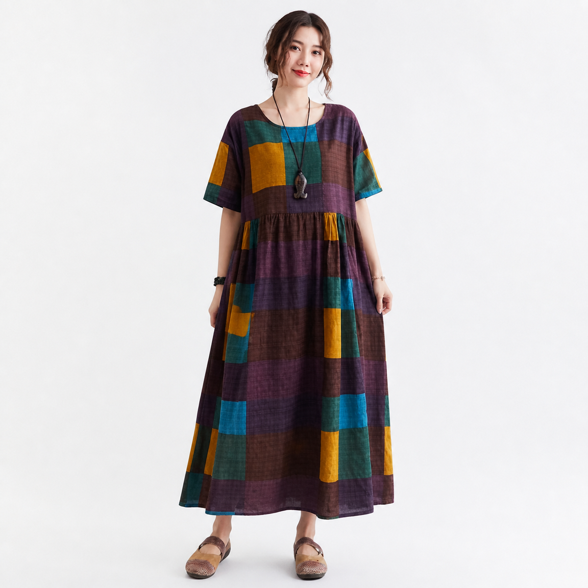 Round Neck Geometric Color Block Short Sleeve A-Line Long Dress with Waist Costume Dresses detail