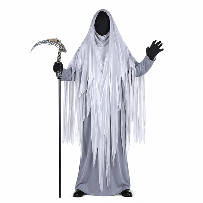 Ghostly Gray Grim Reaper Hooded Full Body Costume with Tattered Fringes Costumes detail