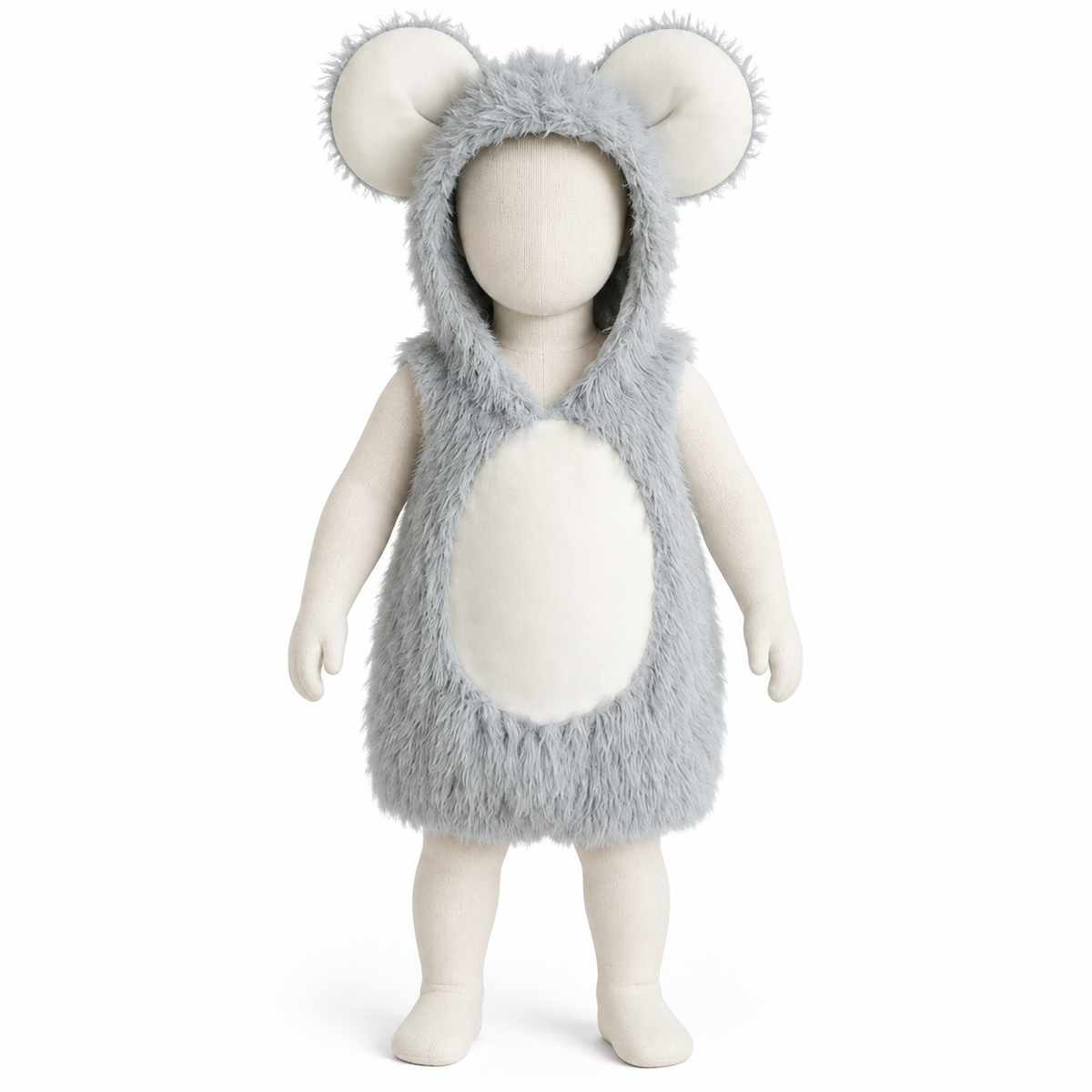Kids' Mouse Costume in Faux Fur with Hood, Big Round Ears, and White Insert