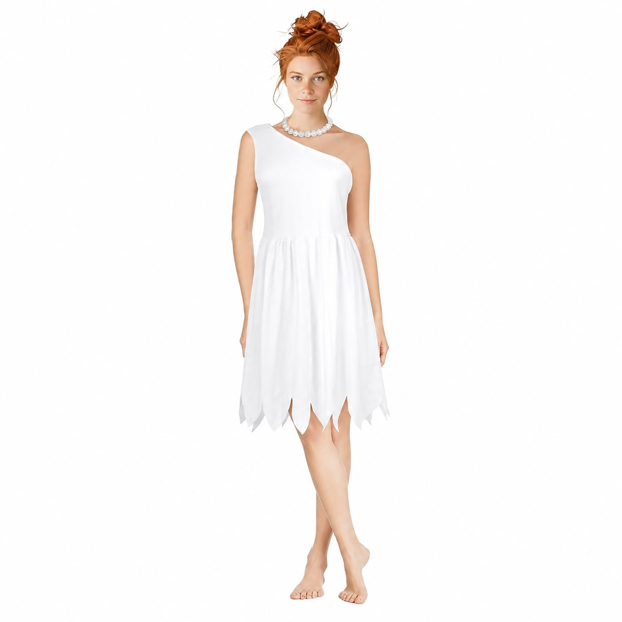 Women's White Cavewoman Costume Dress: One-Shoulder Asymmetric Neckline Costume Dresses detail