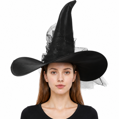 1pc Black Halloween Witch Hat Wide Brim Tall Pointed Wizard Cap with Mesh Costume Headwear detail
