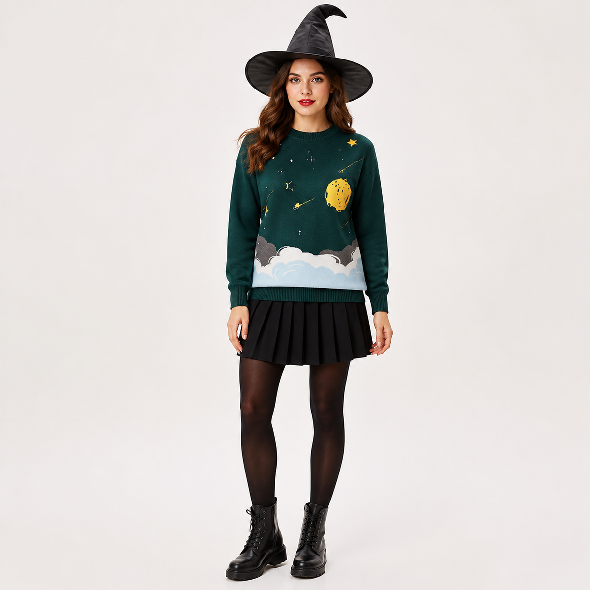 Deep Green Knit Sweater with Night Sky Star and Moon Pattern, Round Neck, Ribbed product detail
