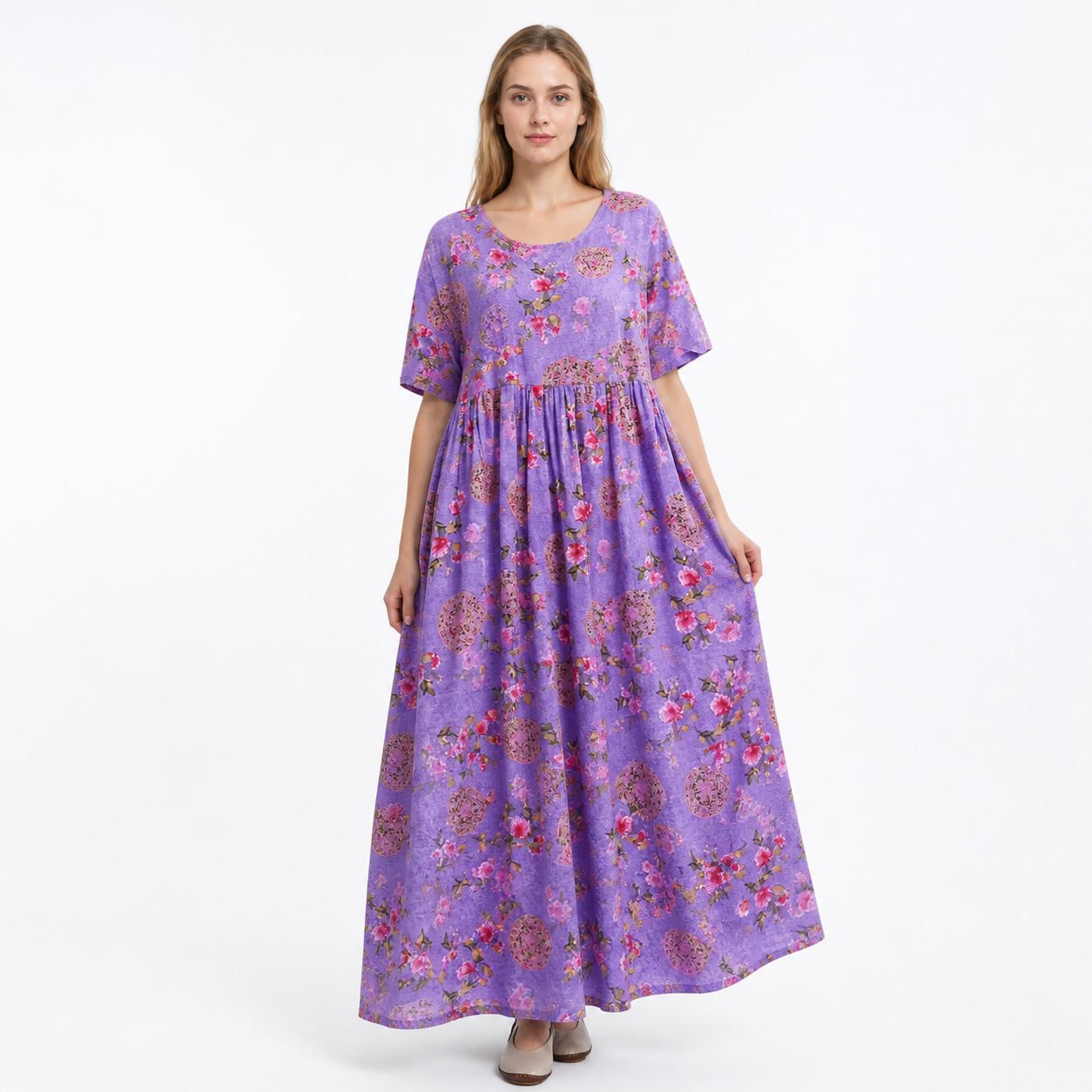 Purple Floral Print Short Sleeve Round Neck Long Dress with Drawstring Waist and Costume Dresses detail