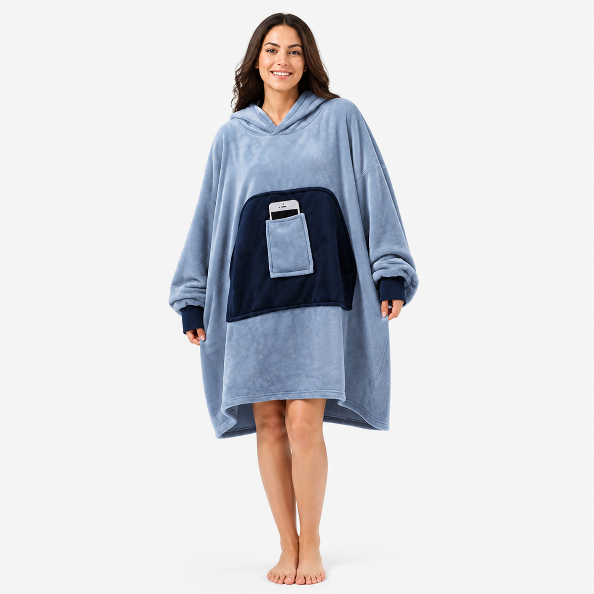 This hooded long coat features a sky blue body with navy patchwork front panels product detail