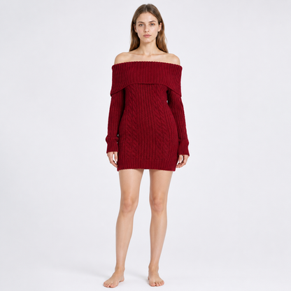 Wine Red Off-Shoulder Knitted Midi Dress with Cable Knit Texture, Long Sleeves Costume Dresses detail